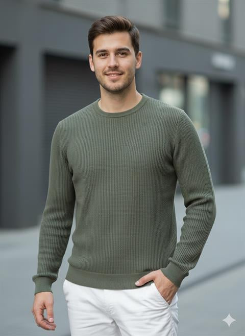 Erkek Bisiklet Yaka Haki Triko Kazak - 2537