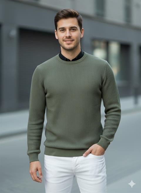 Erkek Bisiklet Yaka Haki Triko Kazak - 2537