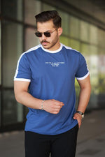 Erkek Bisiklet Yaka Mavi Beyaz Şerit Detaylı Nakışlı %100 Pamuk Tişört - 2533