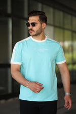 Erkek Bisiklet Yaka Mint Yeşili Krem Şerit Detaylı Nakışlı %100 Pamuk Tişört - 2533