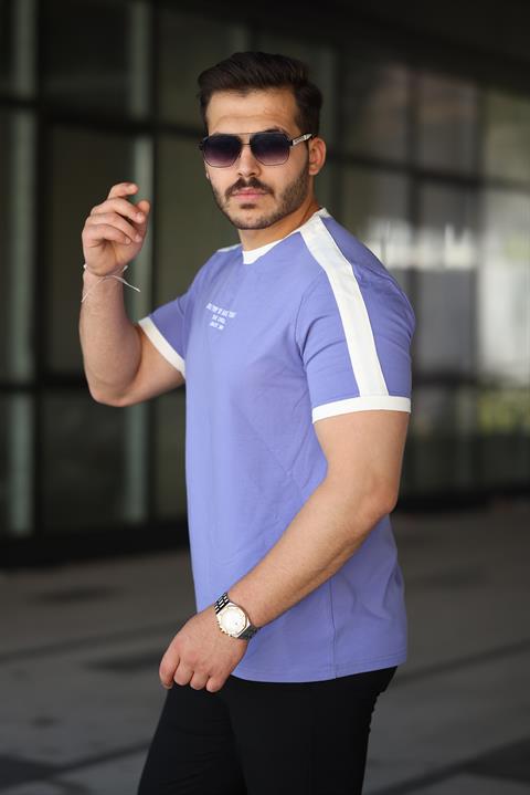 Erkek Bisiklet Yaka Mor Beyaz Şerit Detaylı Nakışlı %100 Pamuk Tişört - 2533