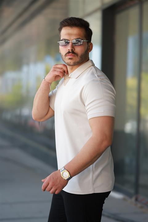 Erkek Ekru Polo Yaka %100 Pamuk Tişört - 2531