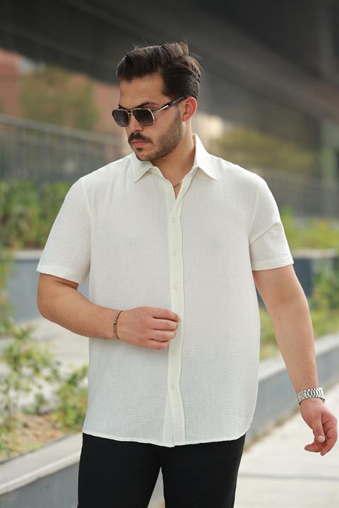 Erkek Ekru Sırtı Desen Detaylı Keten Gömlek - Kısa Kollu - 2535