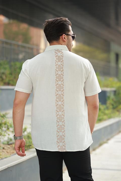 Erkek Ekru Sırtı Desen Detaylı Keten Gömlek - Kısa Kollu - 2535