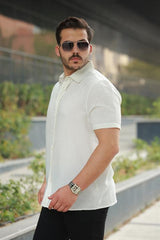 Erkek Ekru Sırtı Desen Detaylı Keten Gömlek - Kısa Kollu - 2535