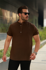 Erkek Hakim Yaka Düğmeli Keten Gömlek - Kısa Kollu - 2536