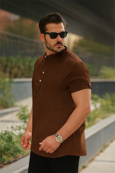 Erkek Hakim Yaka Düğmeli Keten Gömlek - Kısa Kollu - 2536