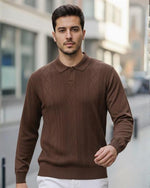Erkek Kahve Polo Yaka Desenli Triko Kazak - 2538