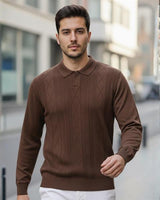 Erkek Kahve Polo Yaka Desenli Triko Kazak - 2538