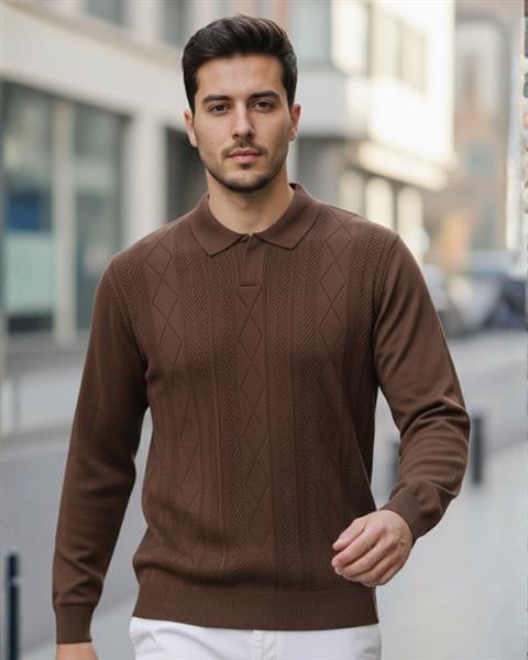 Erkek Kahve Polo Yaka Desenli Triko Kazak - 2538