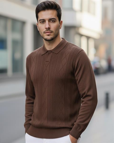 Erkek Kahve Polo Yaka Desenli Triko Kazak - 2538