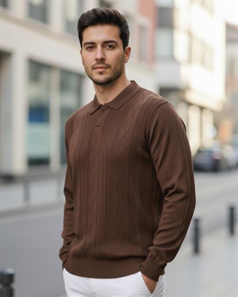 Erkek Kahve Polo Yaka Desenli Triko Kazak - 2538