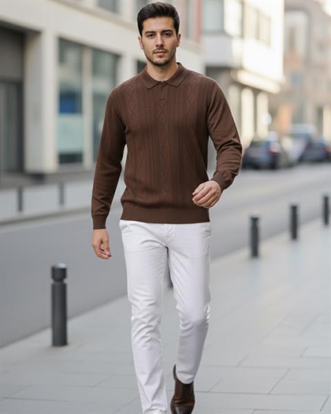 Erkek Kahve Polo Yaka Desenli Triko Kazak - 2538