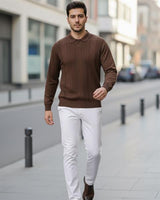 Erkek Kahve Polo Yaka Desenli Triko Kazak - 2538