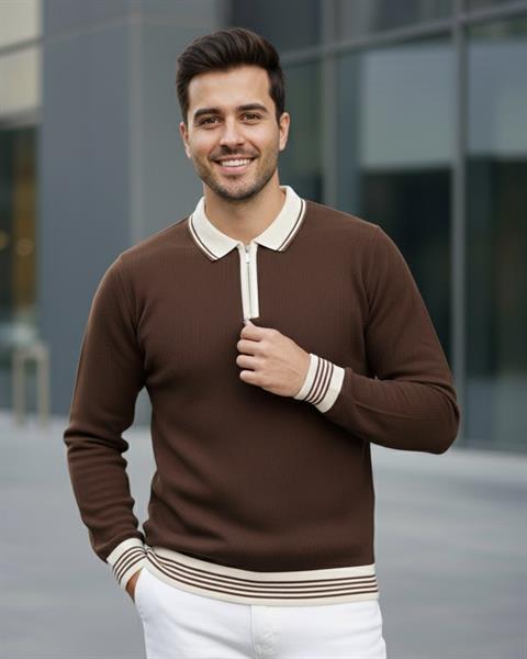 Erkek Kahve Polo Yaka Fermuarlı Triko Kazak - 2539