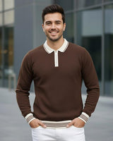 Erkek Kahve Polo Yaka Fermuarlı Triko Kazak - 2539
