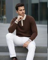 Erkek Kahve Polo Yaka Fermuarlı Triko Kazak - 2539