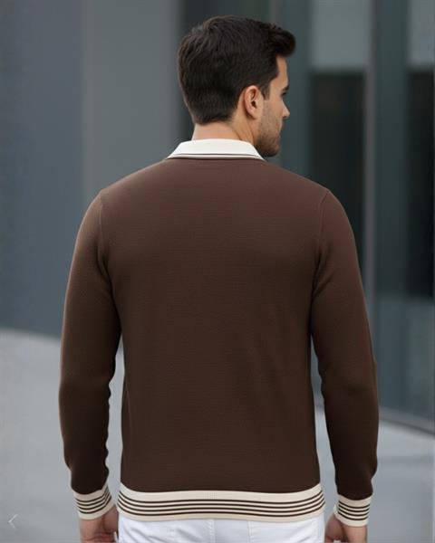 Erkek Kahve Polo Yaka Fermuarlı Triko Kazak - 2539