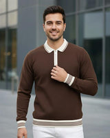Erkek Kahve Polo Yaka Fermuarlı Triko Kazak - 2539