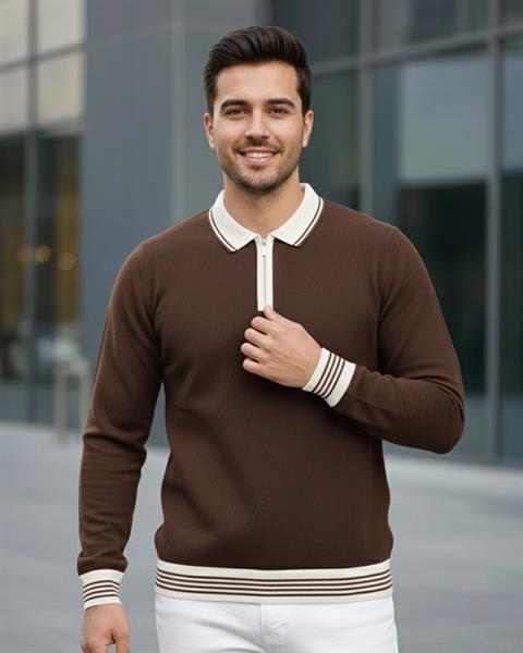 Erkek Kahve Polo Yaka Fermuarlı Triko Kazak - 2539
