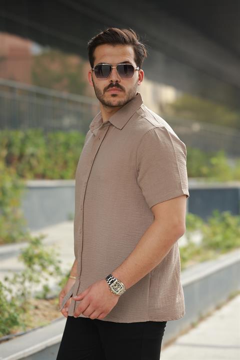 Erkek Kamel Sırtı Desen Detaylı Keten Gömlek - Kısa Kollu - 2535