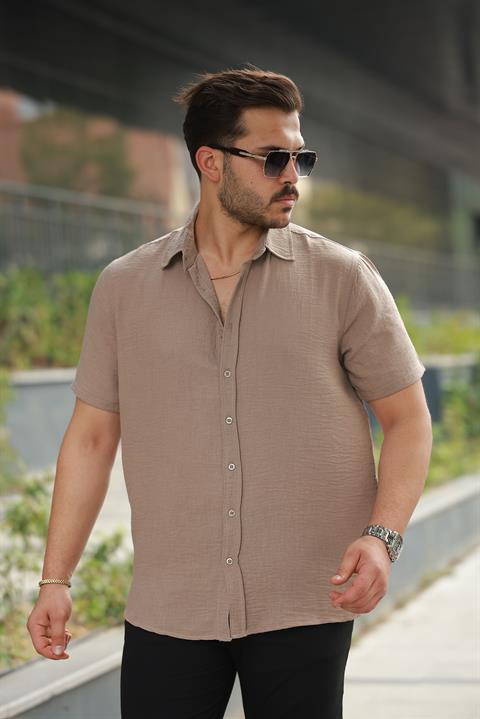 Erkek Kamel Sırtı Desen Detaylı Keten Gömlek - Kısa Kollu - 2535