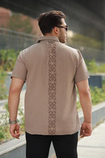 Erkek Kamel Sırtı Desen Detaylı Keten Gömlek - Kısa Kollu - 2535