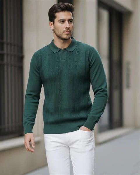 Erkek Polo Yaka Desenli Triko Kazak - 2538