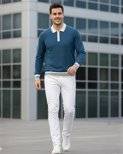 Erkek Petrol Yeşili Polo Yaka Fermuarlı Triko Kazak - 2539