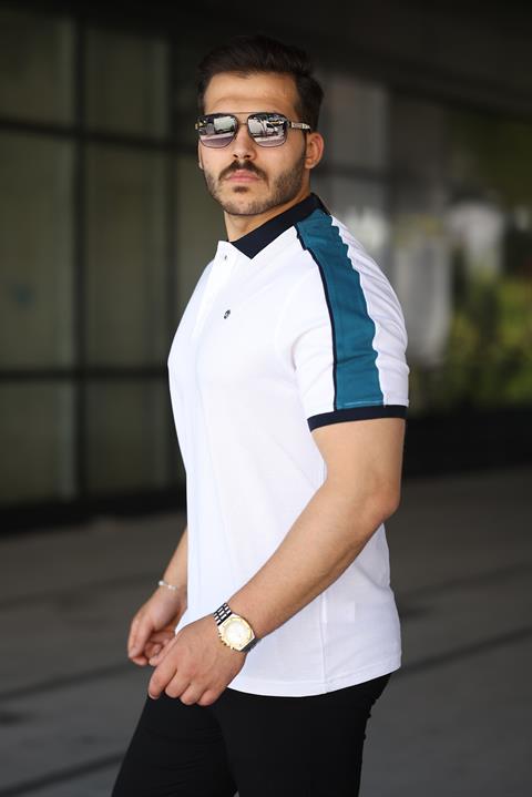 Erkek Polo Yaka Beyaz Şerit Detaylı Regular Fit Tişört - 2530