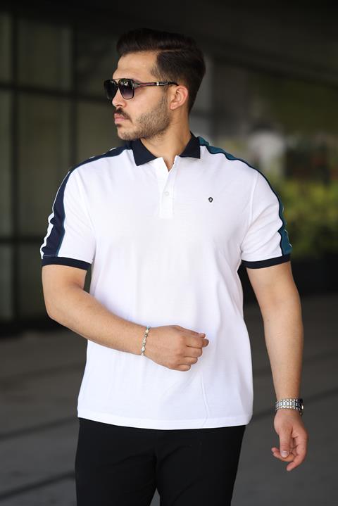 Erkek Polo Yaka Beyaz Şerit Detaylı Regular Fit Tişört - 2530