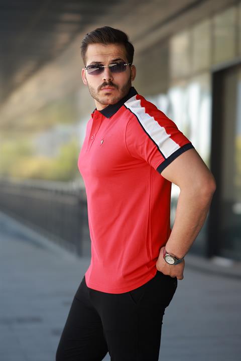 Erkek Polo Yaka Kırmızı Şerit Detaylı Regular Fit Tişört - 2530