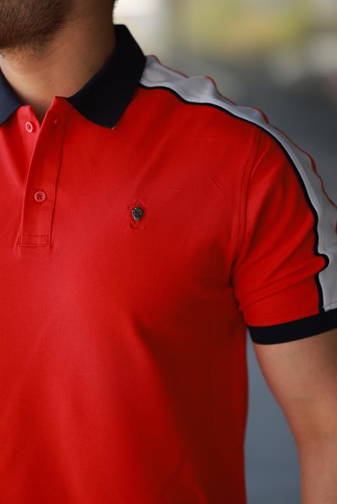 Erkek Polo Yaka Kırmızı Şerit Detaylı Regular Fit Tişört - 2530