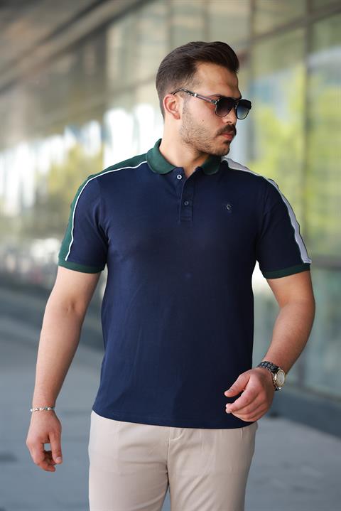 Erkek Polo Yaka Lacivert Şerit Detaylı Regular Fit Tişört - 2530
