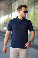 Erkek Polo Yaka Lacivert Şerit Detaylı Regular Fit Tişört - 2530