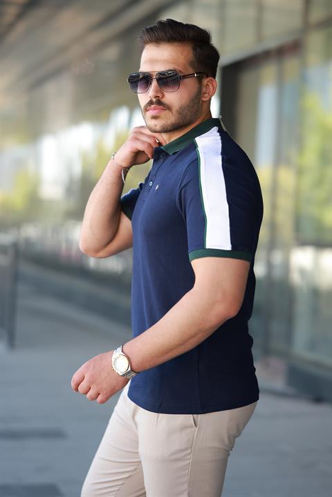 Erkek Polo Yaka Lacivert Şerit Detaylı Regular Fit Tişört - 2530