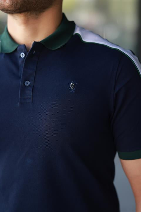 Erkek Polo Yaka Lacivert Şerit Detaylı Regular Fit Tişört - 2530