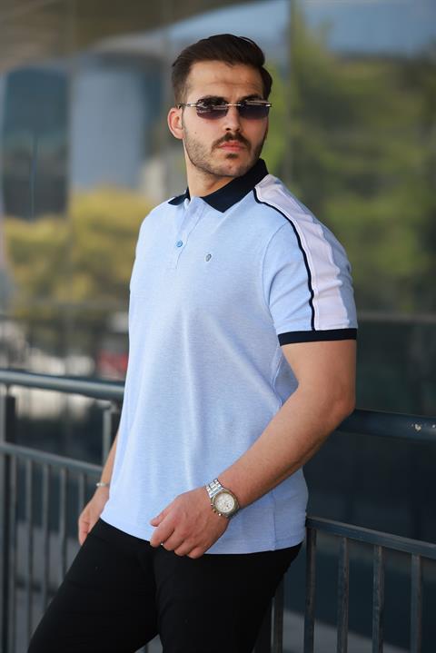 Erkek Polo Yaka Mavi Şerit Detaylı Regular Fit Tişört - 2530