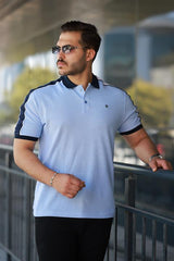 Erkek Polo Yaka Mavi Şerit Detaylı Regular Fit Tişört - 2530