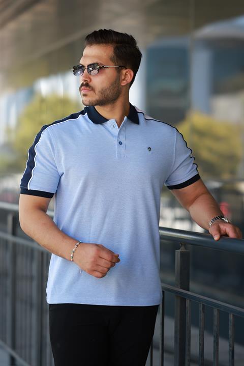 Erkek Polo Yaka Mavi Şerit Detaylı Regular Fit Tişört - 2530