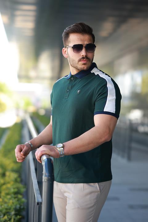 Erkek Polo Yaka Nefti Yeşil Şerit Detaylı Regular Fit Tişört - 2530