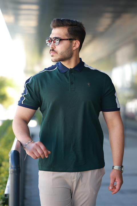 Erkek Polo Yaka Nefti Yeşil Şerit Detaylı Regular Fit Tişört - 2530