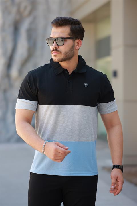 Erkek Polo Yaka Siyah Gri Mavi Renk Bloklu %100 Pamuk Tişört - 2532