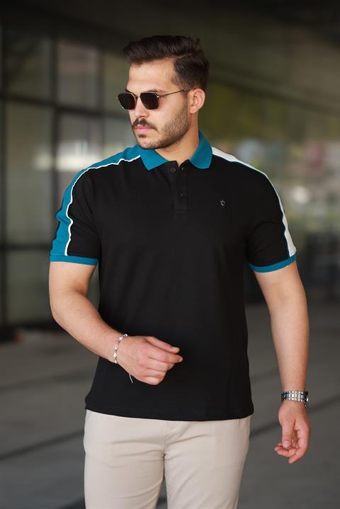 Erkek Polo Yaka Siyah Şerit Detaylı Regular Fit Tişört - 2530