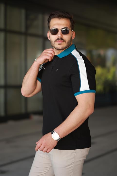 Erkek Polo Yaka Siyah Şerit Detaylı Regular Fit Tişört - 2530