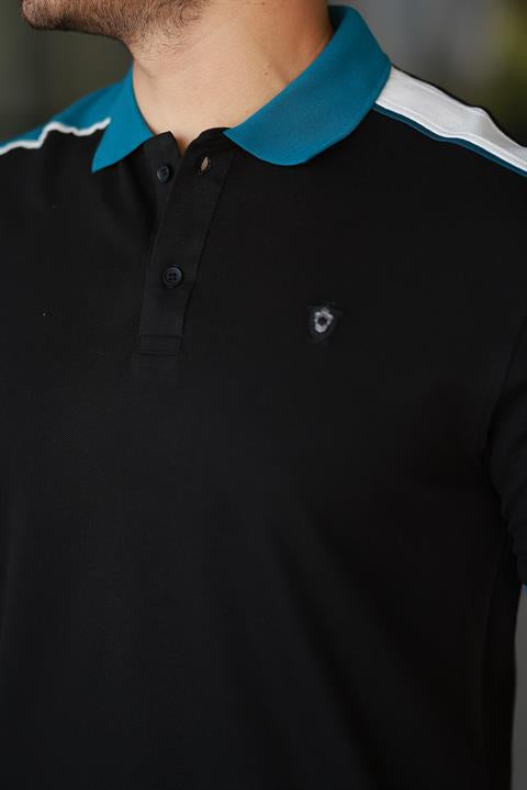 Erkek Polo Yaka Siyah Şerit Detaylı Regular Fit Tişört - 2530