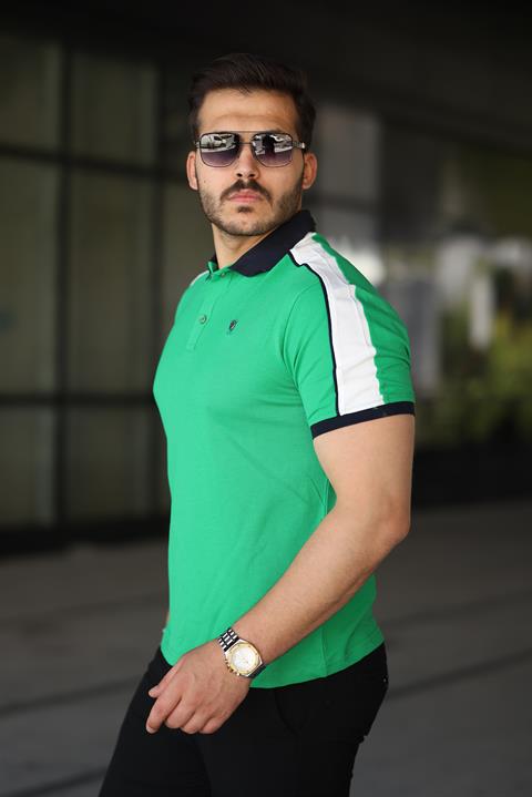 Erkek Polo Yaka Yeşil Şerit Detaylı Regular Fit Tişört - 2530