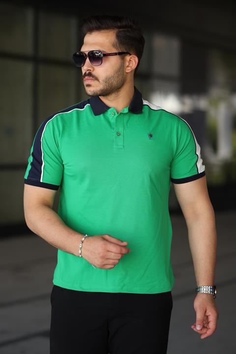 Erkek Polo Yaka Yeşil Şerit Detaylı Regular Fit Tişört - 2530