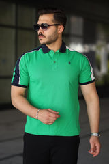 Erkek Polo Yaka Yeşil Şerit Detaylı Regular Fit Tişört - 2530