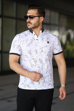 Erkek Beyaz Siyah Yaprak Desenli Slim Fit Polo Yaka Tişört - 2529